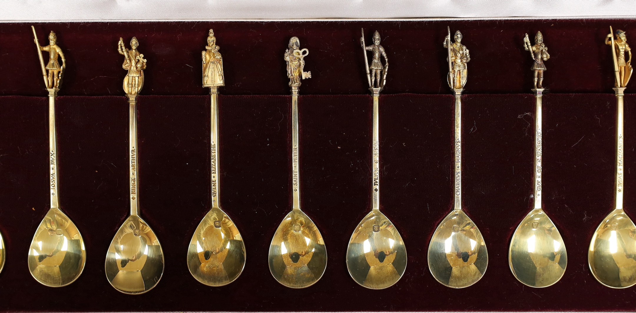 A modern cased set of twelve parcel gilt silver commemorative 'The Titchbone Spoons', The Birmingham Mint, Birmingham, 1954/55.